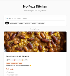 No-Fuzz Kitchen — recipe listing page